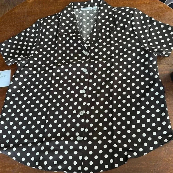 New Susan Grave Brown & Cream Polk Dot Mother of Pearl Top Size 1X - Picture 1 of 5